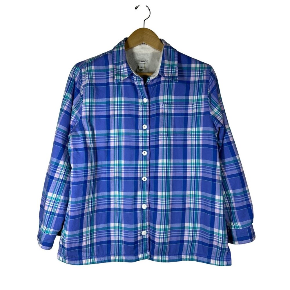 L..L Bean Fleeced Lined Flannel Shirt Womens Size MP Blue Plaid Work Outdoors